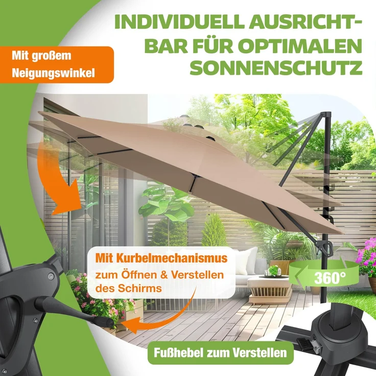 KESSER® Sonnenschirm Ampelschirm SUN XL 300 x 300 cm Inkl. Abdeckung +Windsicherung Drehbar Neigbar Kippbar Marktschirm Groß 360° Rotation, Gartenschirm mit Kurbel Sonnenschutz UV50+ Taupe, Ohne LED – Bild 5