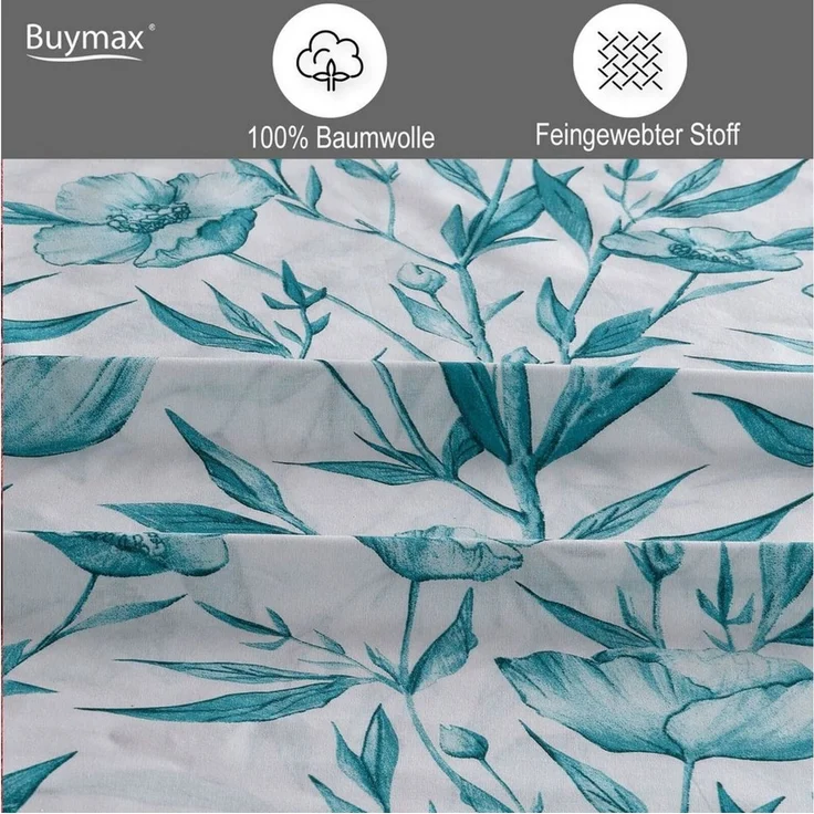 Buymax Bettwäsche Girasol, Renforce: 100% Baumwolle, 2 teilig, 155x220 cm, Bettbezug-Set, mit Reißverschluss, Blumen, Grün, Petrol – Bild 3
