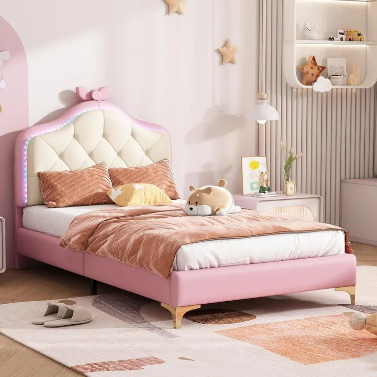 Ball & Cast Polsterbett (90x200 cm) Kinderbett mit Weichen Schutzkanten und Nachttischbeleuchtung, Tagesbett mit Rosa Schleifenkopfteil, Weiß+Rosa