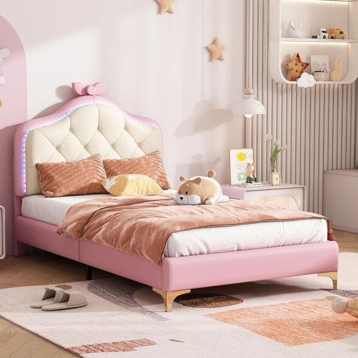Ball & Cast Polsterbett (90x200 cm) Kinderbett mit Weichen Schutzkanten und Nachttischbeleuchtung, Tagesbett mit Rosa Schleifenkopfteil, Weiß+Rosa