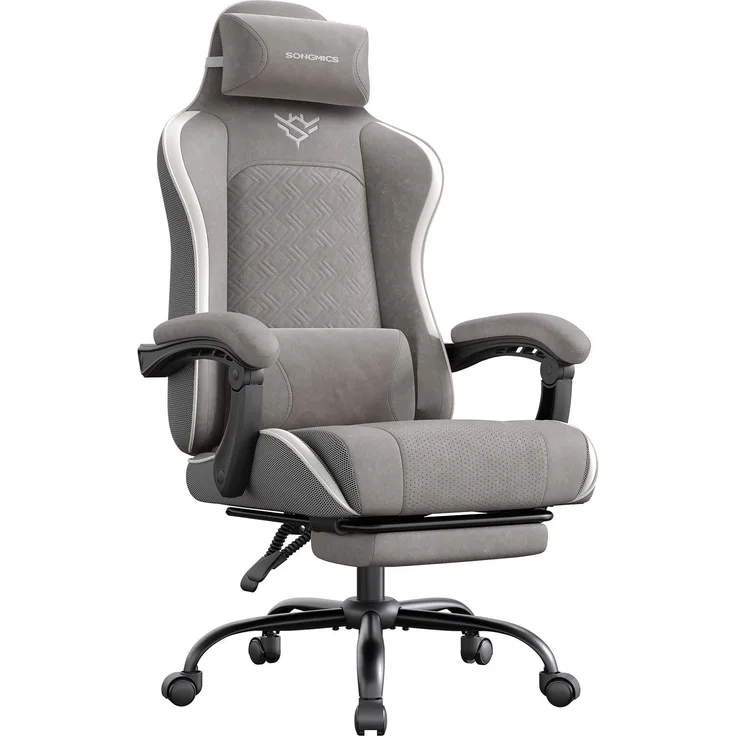 SONGMICS Gaming-Stuhl, Bürostuhl, Schreibtischstuhl, ergonomischer Gaming-Sessel, Sitzkissen mit Federn, Fußstütze, Armlehnen mit Synchronmechanik, taubengrau