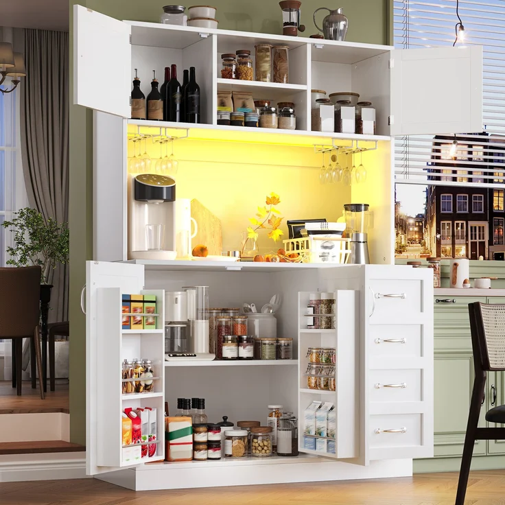 EINHOM Seitenboard / Aufbewahrungsschrank / Küchenschrank / Buffetschrank, 120 x 40 x 188 cm, mit LED-Beleuchtung, Snackregal & Getränkehaltern, 4 Türen & 2 große Schubladen, Grün/Schwarz/Weiß, Weiß – Bild 5