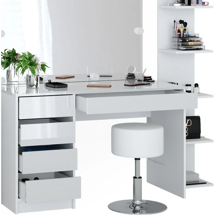 Schminktisch Sherry Weiß 5 Teile, mit Aufbewahrungsregal, Standregal, Spiegel, Hocker, LED Vicco – Bild 6
