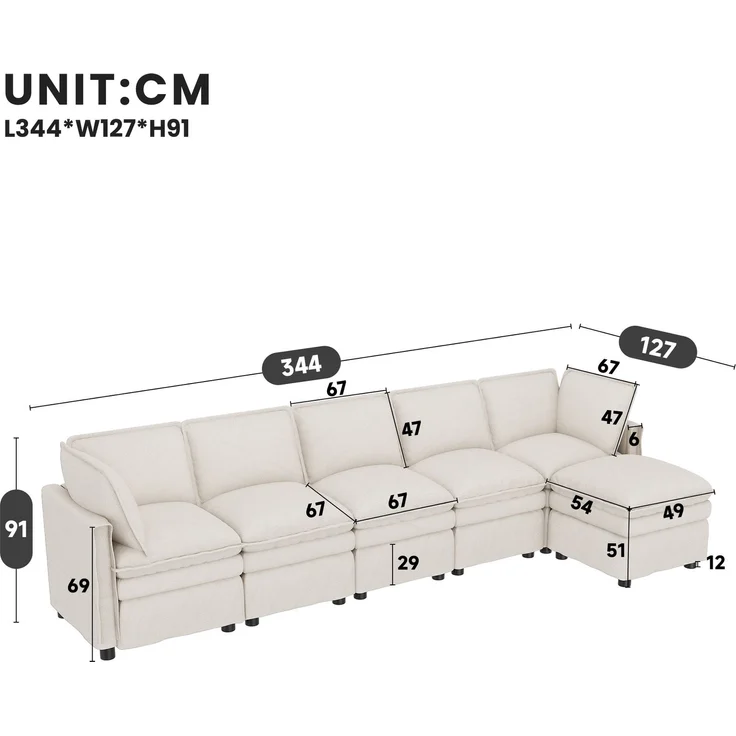 ZUBALIYA Wohnlandschaft 127x91 cm, mit Chenille - Bezug, mit Samtbezug, mit breiten Armlehnen, modular aufgebaut, Beige – Bild 17