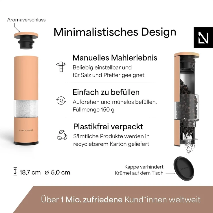 LARS NYSØM Salz und Pfeffermühle Set Manuell mit einstellbarem Keramikmahlwerk I Edelstahl Pfeffermühle und Salzmühle I Design Gewürzmühlen Set (2 Stück) (Creamy Peach) – Bild 4