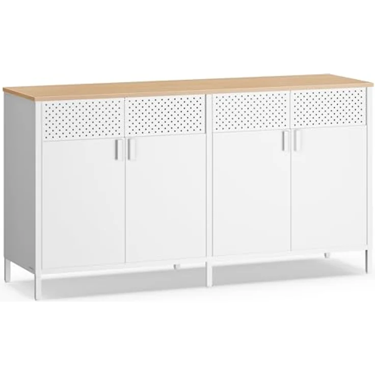 SONGMICS Aufbewahrungsschrank, Metallschrank, mit 4 Türen, Magnetverschluss, Verstellbarer Einlegeboden, Stahlgestell, 40 x 141 x 76 cm, wolkenweiß-eichenbeige LSC205WC01 – Bild 2