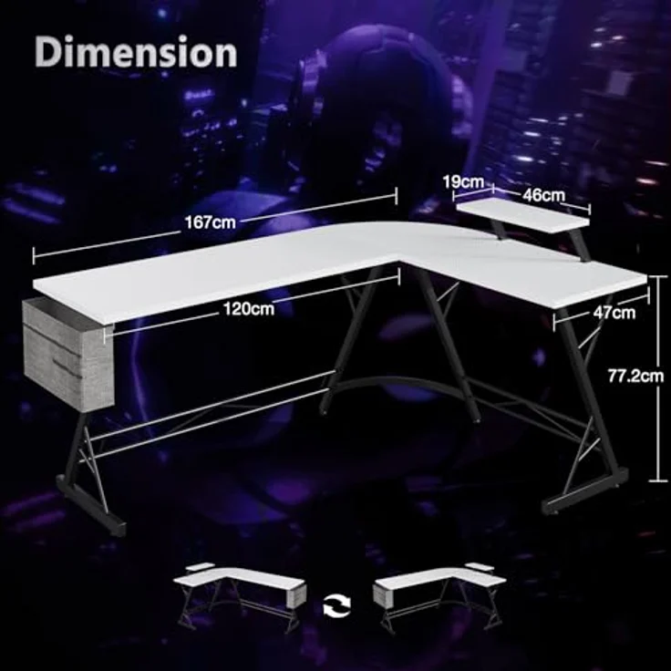 ODK Gaming Tisch, Computertisch, Gaming Schreibtisch mit runder Ecke, Gaming-Tisch mit Monitorablage (Kohlefaser Weiß, 167x120 cm) – Bild 4