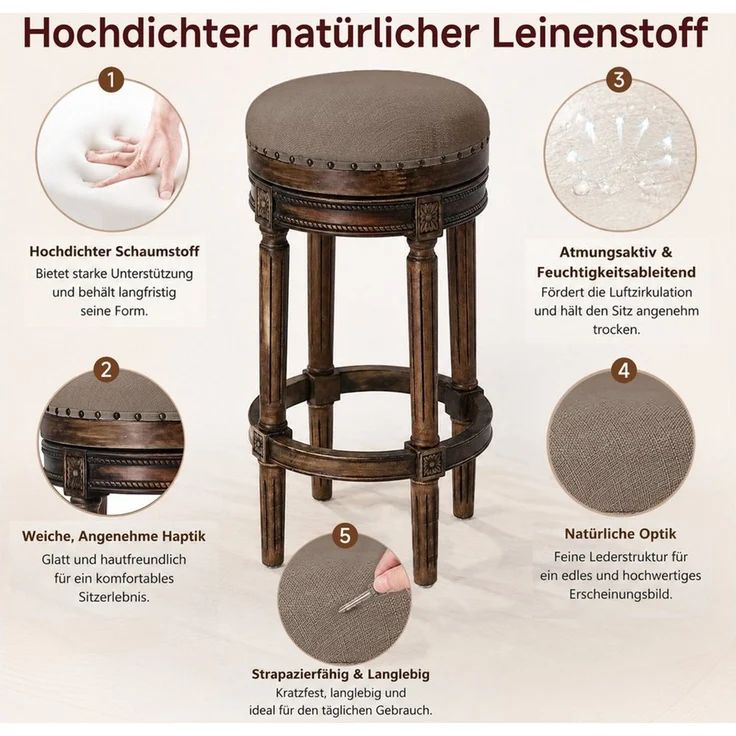 HomeMiYN Barhocker L38 CM Rund Schaumstoff-Sitz Retro Holz Barstühle/Sitzhocker (1 St), Barhocker Holz im Vintage Design, gepolsterter Sitz, für Küche & Bar – Bild 3