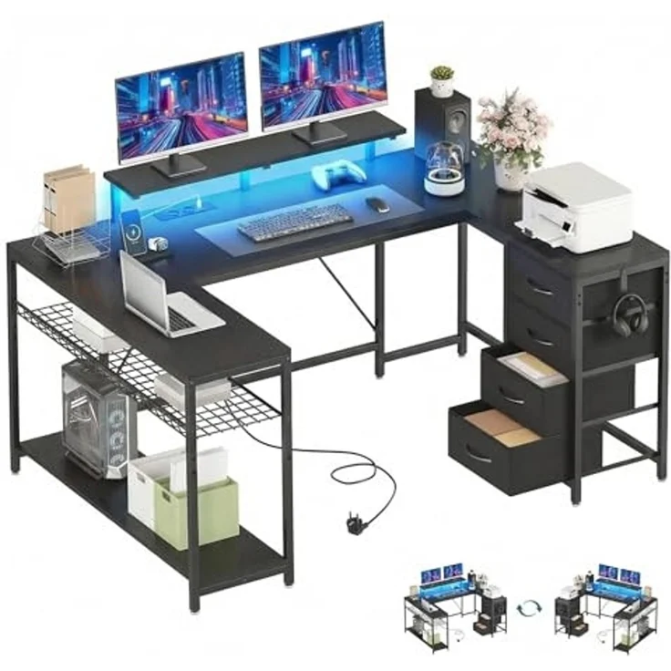 YITAHOME Gaming Tisch mit Steckdosen & LED-Lichter, Computer Schreibtisch mit Schubladen & Stauraum, Reversibler Eckschreibtisch mit Regalen, Computertisch für Home Office, 158 x 100 cm, Schwarz – Bild 1