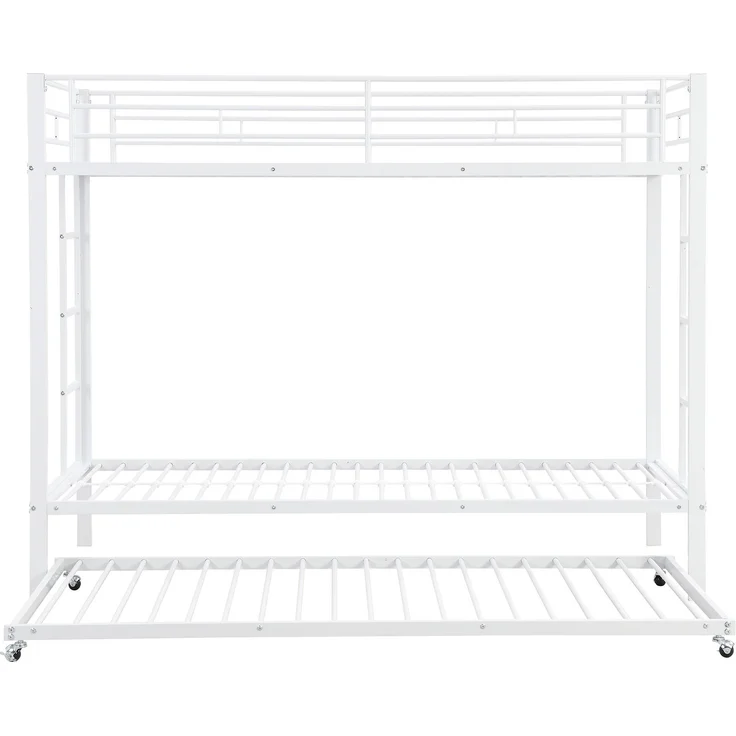Etagenbett 90x200 cm mit ausziehbarem Rollbett, Metallrahmenbett mit hohem Sicherheitsgeländer, Kinderbett mit Doppelbettfunktion,Weiß – Bild 9