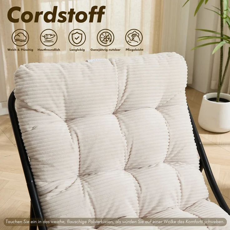 LVHOM Sessel mit Hocker, Gepolsterter Loungesessel aus Cord mit Metallgestell, ergonomischer Relaxsessel für Wohnzimmer und Schlafzimmer, Weiß – Bild 4