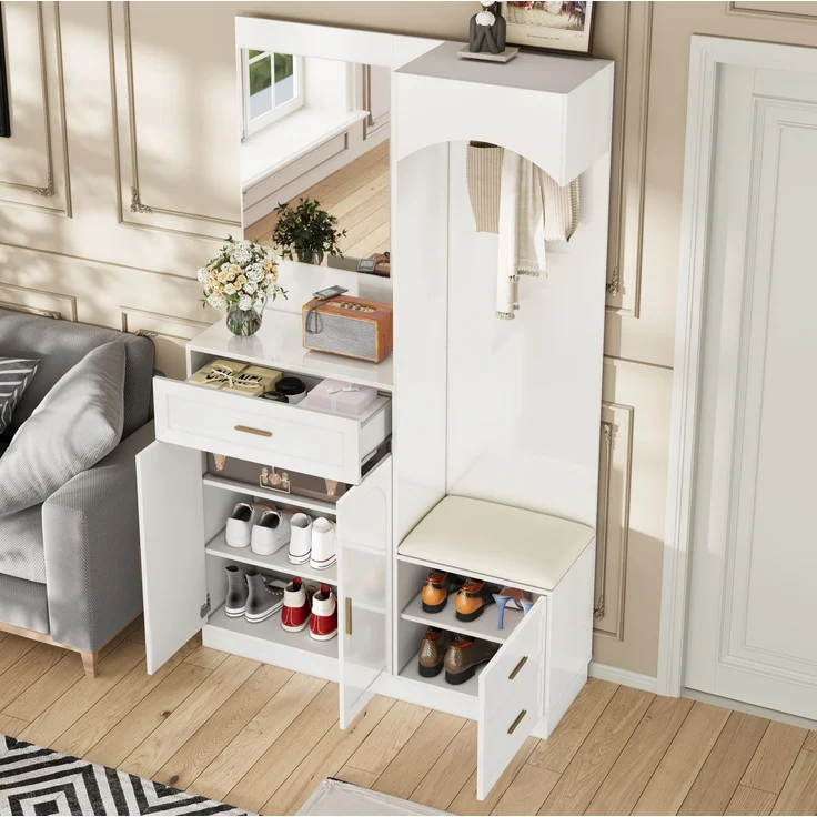 Kompaktgarderobe mit Schuhschrank, Schuhbank, Kosmetikspiegel, verstellbare Einlegeböden, MDF weiß, platzsparend – Bild 5