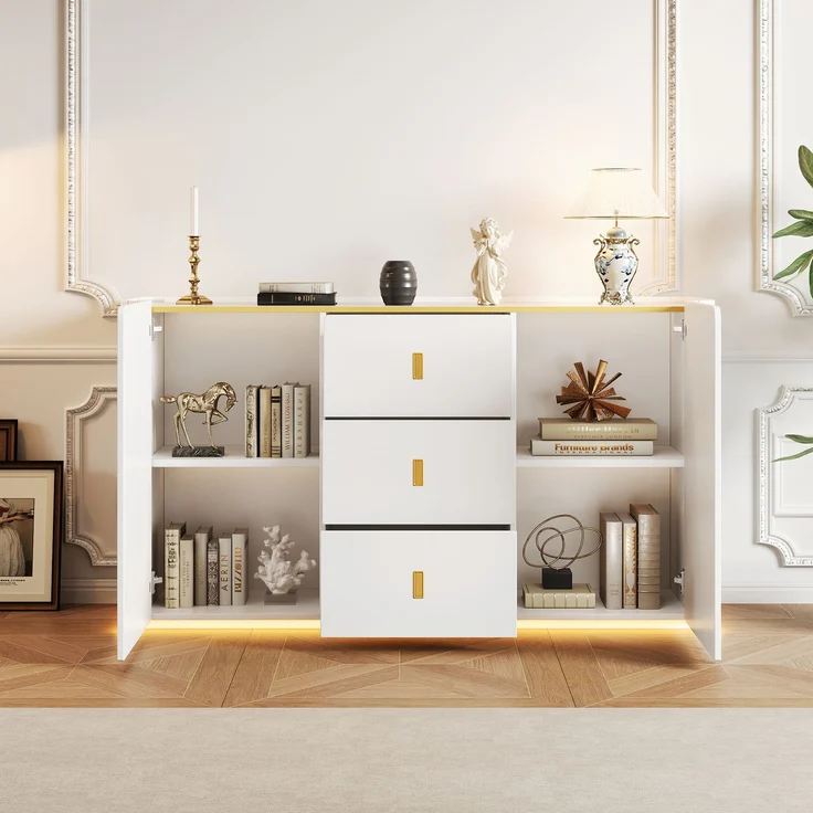 Sideboard 150 x 35 x 80 cm aus Spanplatte in Weiß mit 3 Schubladen, 2 Türen und LED-Beleuchtung – Bild 4