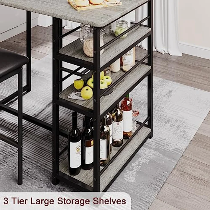 GarveeHome Bartisch Mit Barhocker Set, 2 Personen Bartisch Set Mit 3-Stufigen Ablageflächen, Platzsparende Essgruppe, Stehtisch Mit 2 Gepolsterten Stühlen Für Küche, Wohnung, Bistro, Grau – Bild 4