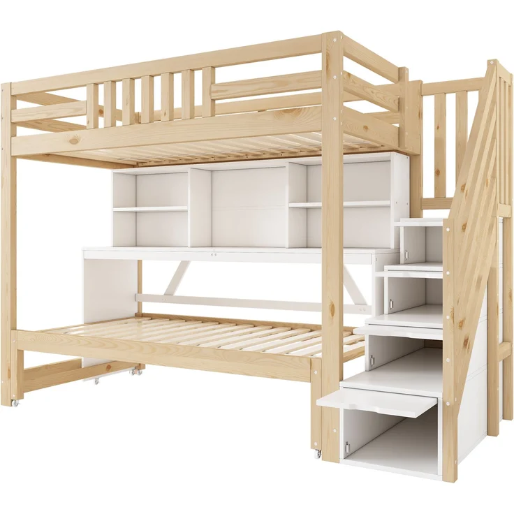 Bett Etagenbett 90x200 + 90x190 cm mit ausziehbarem Bett, Schreibtisch und Stauraum, ohne Matratze – Bild 8