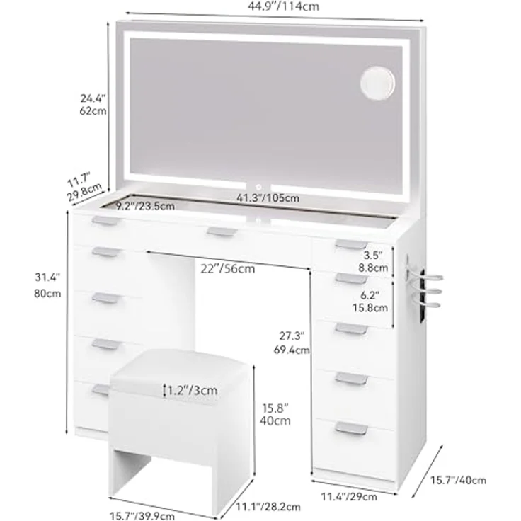 YITAHOME Schminktisch mit LED-Beleuchtung, 3 Farben mit Einstellbarer Helligkeit, Frisiertisch mit Spiegel für Make-up, Kosmetiktisch mit Steckdose, 11 Schubladen, modern, weiß – Bild 5