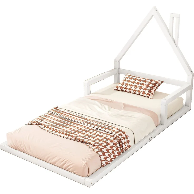Kinderbett 90x200 cm in Hausform, Weiß,stabiles Flachbett mit 7 Lattenrosten, modernes Hausbett,leicht zu montieren und pflegeleicht – Bild 6