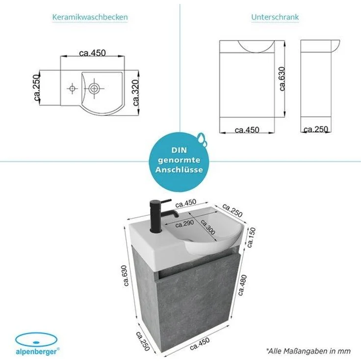 Alpenberger Badmöbel-Set Gäste WC Waschbecken mit Unterschrank - Hängeschrank Vormontiert, (Badezimmerunterschrank mit Waschbecken, Waschtisch Set mit Unterschrank), Waschbeckenunterschrank Betonoptik - Bad Möbel Set – Bild 4