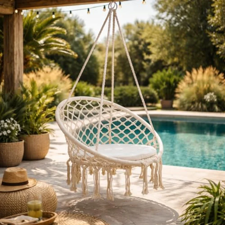 Estosa – Hängesessel Jane, Hängematte, Gartenschaukel, Hängesessel, aus Polycotton mit Fransen, Tragkraft 100 kg, Möbel für Garten, Balkon, Terrasse (weiß) – Bild 2