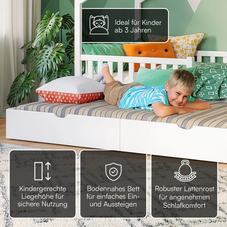 Bellabino 'Vils' Hausbett 90x200 cm mit Gästebett 90x190 cm und 2 Matratzen, weiß, Kiefer Massivholz, Montessori Kinderbett mit Ausziehbett, inkl. Rausfallschutz und Lattenrost – Bild 3