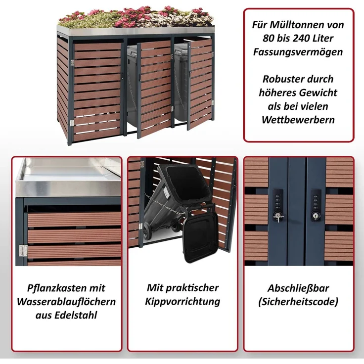 3er Mülltonnenverkleidung HWC-K14, Mülltonnenbox mit Pflanzkasten, 124x200x84cm WPC Edelstahl 107kg ~ Teak-Optik – Bild 2