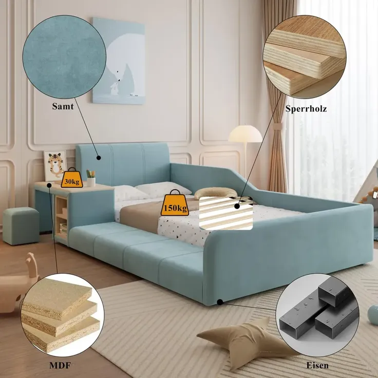 Polsterbett mit Tisch, Hocker, gepolstertem Kopfteil, Lattenrost und Regal, 90x200 cm, Kinderbett, Einzelbett, Samt – Bild 3
