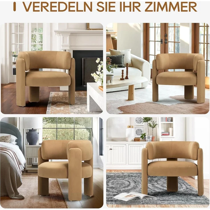 COLAMY Modern Velvet Ohrensessel 2er Set, Gepolsterter Sessel Wohnzimmer, Bequemer Runder loungesessel mit 3 Beinen für Wohnzimmer, Schlafzimmer, Leseecke, Khaki – Bild 7