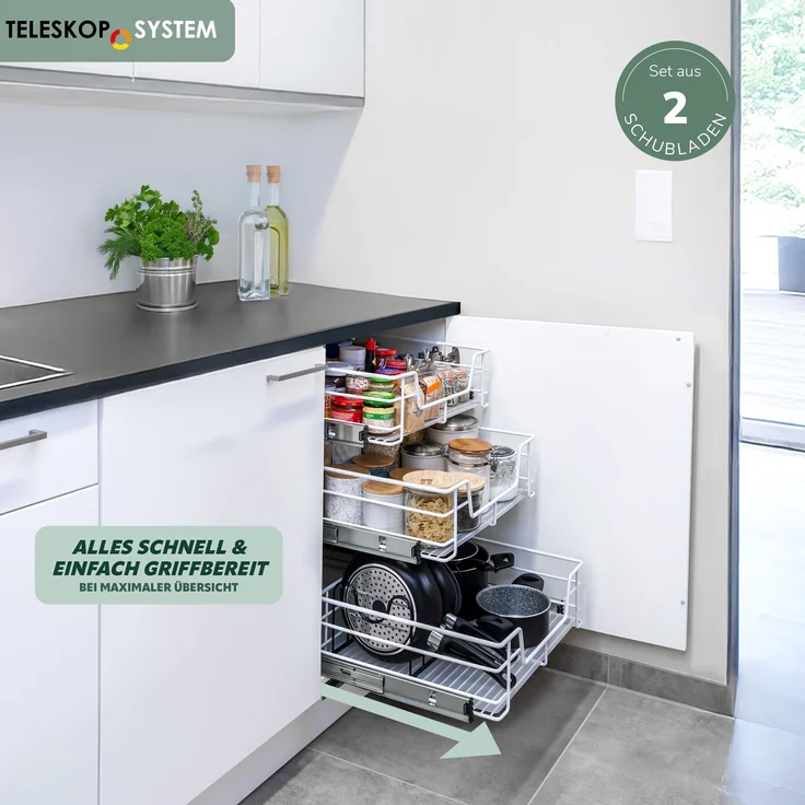 Teleskopschubladen 2er Set - für 60 cm Schrank mit Einlegeboden, aus Metall, (Weiß) – Bild 2