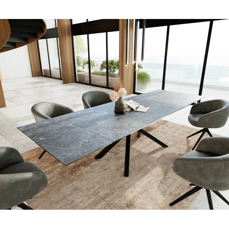 Esstisch Edge 200-300x100 Keramik Laminam®Nero Greco Anthrazit Kreuzgestell Rechteck Schwarz ausziehbar