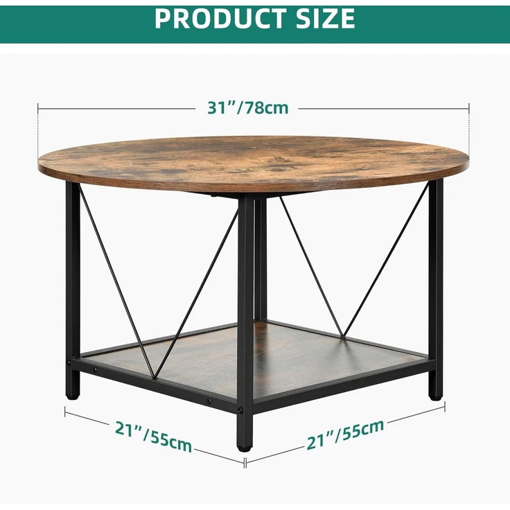 YITAHOME Runder Couchtisch, 80 x 80 x 46 cm Rustikaler Wohnzimmertisch aus Holz für Wohnzimmer mit Ablage, Moderner Bauernhaus Couchtisch mit Stabilen Metallbeinen, Heimmöbel – Bild 2