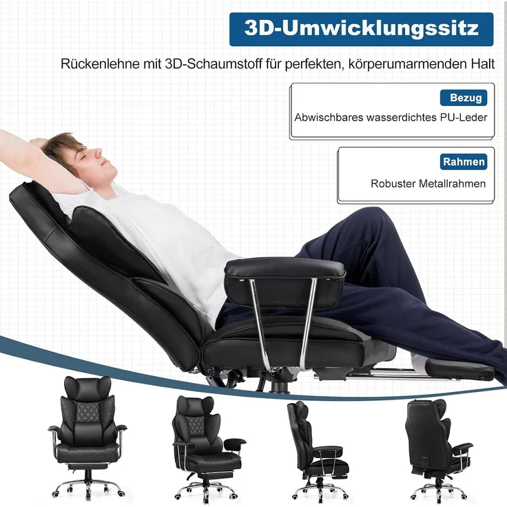GTPLAYER Gaming Stuhl, Bürostuhl mit Taschenfeder-Lendenwirbelstütze, breiter Büro-Computersessel mit nach außen fixierten weichen Armlehnen und Fußstütze, 180KG, Leder Schwarz – Bild 2
