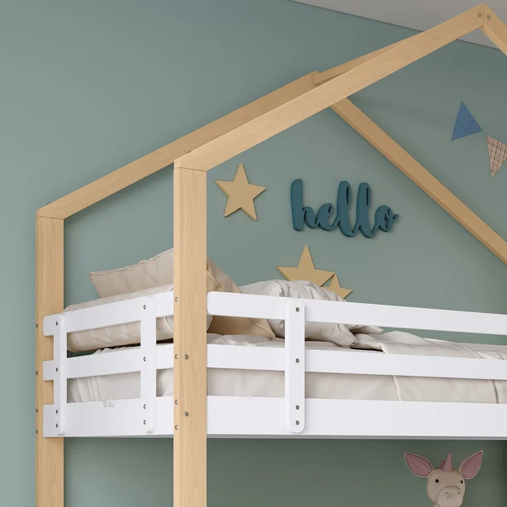 Etagenbett 90×200 cm mit Rausfallschutz & ausziehbarem Bett 90×190 cm, Natur/Weiß, ohne Matratze – Bild 9