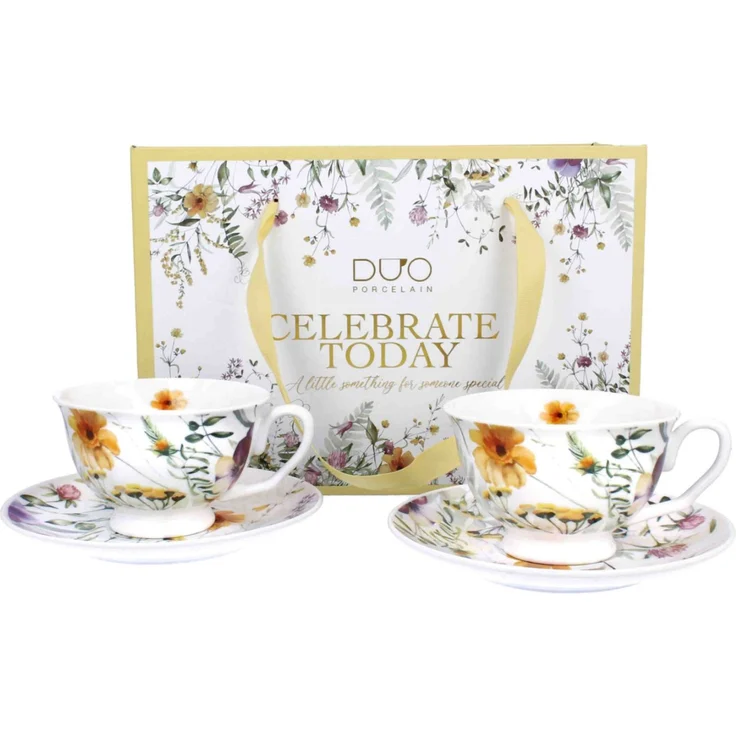 DUO 2er-Set Tassen PANSY, 250 ml mit Untertassen, New Bone China Porzellan, in Geschenkbox – Bild 1