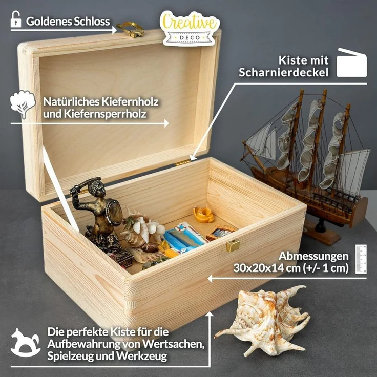 Creative Deco Holzkiste Natur mit Deckel und Schloss, Erinnerungsbox Baby Groß Holzbox mit Deckel Unlackiert Kasten – Bild 2