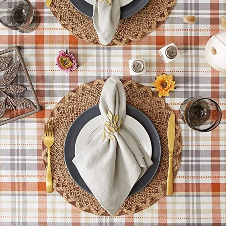 DII Herbstnachmittag Bauernhaus Küche Thanksgiving & Herbst Dekor für Zuhause, Tischdecke, 60 x 120 cm, Kürbiskariert, Orange und Grau – Bild 5