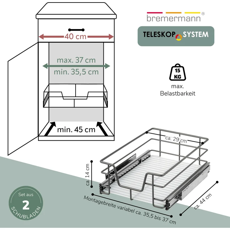 Teleskopschubladen 2er Set - für 40 cm Schrank mit Einlegeboden, aus Metall, (Grau) – Bild 7