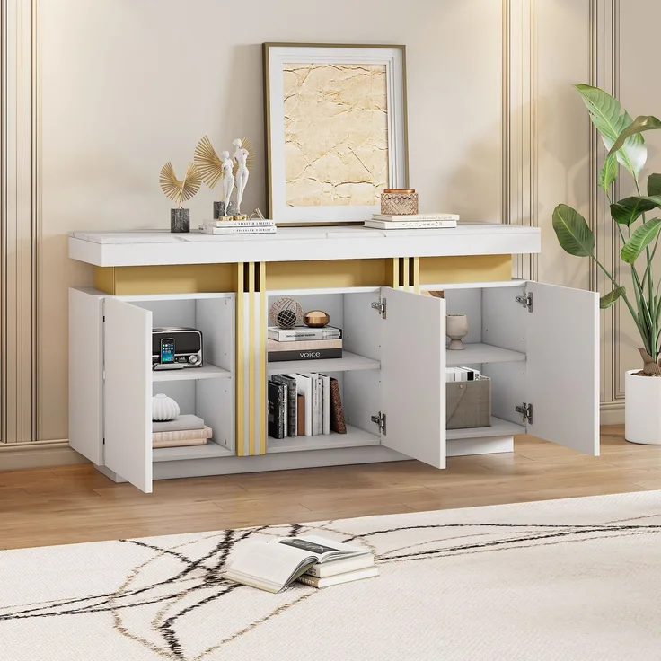 ZUBALIYA Sideboard 140x38x70 cm, mit 3 Türen, aus Spanplatte, Weiß