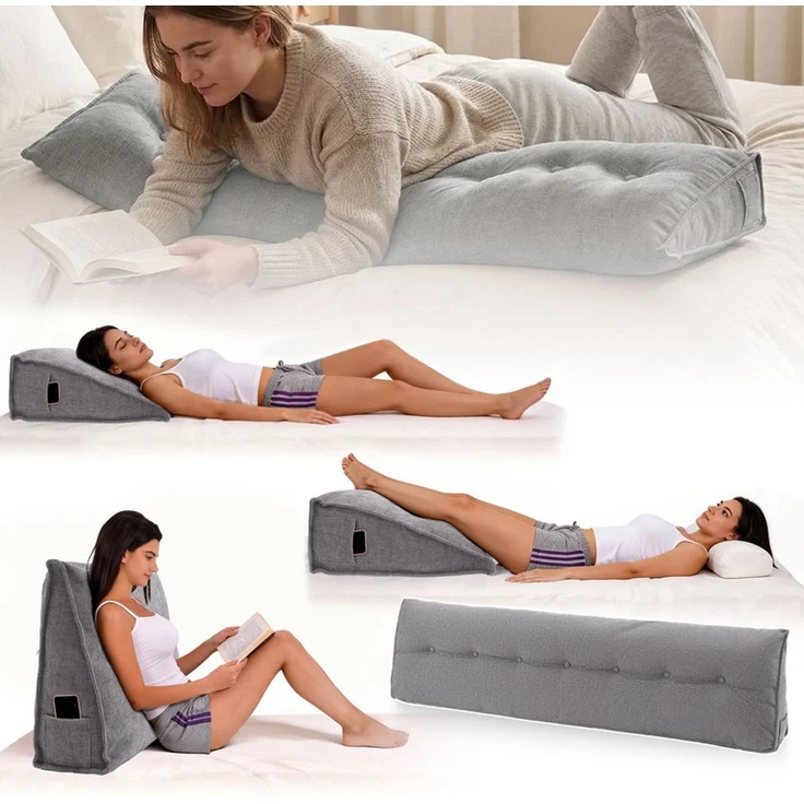 Home Nature Wohnkonzept Rückenstützkissen, Ergonomische Rückenstütze für Bett und Sofa mit Taschen, Grau, 200 x 19 x 52 cm – Bild 3