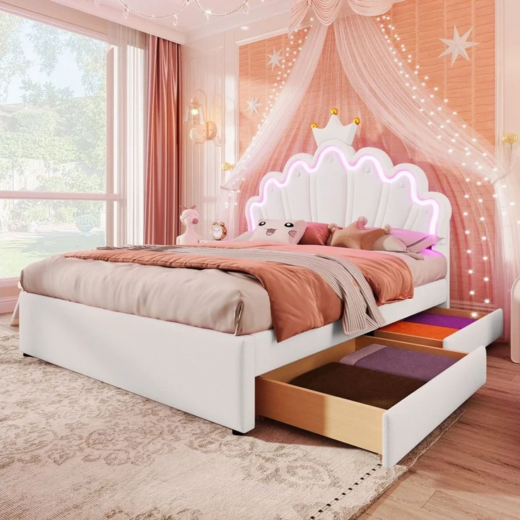 STILVORA Kinderbett 140x200 Polsterbett mit matratze,Bettgestell mit 2 Schubladen,weiß (Polsterbett, für Kinder, mit 16 Farben LED-Licht, 2 Schubladen,verstellbarem Kopfteil und Kronen-Design, 140*200cm), mit Matratze – Bild 1