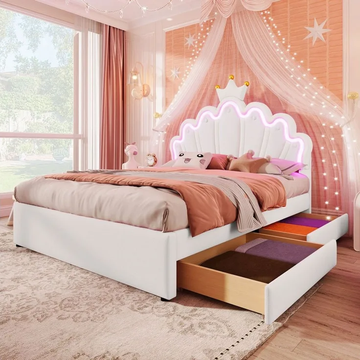 STILVORA Kinderbett 140x200 Polsterbett mit matratze,Bettgestell mit 2 Schubladen,weiß (Polsterbett, für Kinder, mit 16 Farben LED-Licht, 2 Schubladen,verstellbarem Kopfteil und Kronen-Design, 140*200cm), mit Matratze