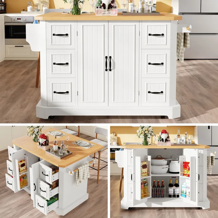 TavilaEcon Küchenwagen mobil, Küchenschrank, Küchenwagen mit 2 Türen & 6 Schubladen weiß 91 × 75 × 120 cm (H × T × B)