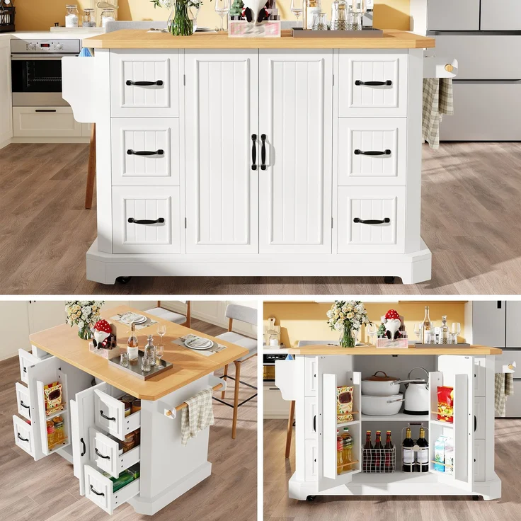 TavilaEcon Küchenwagen mobil, Küchenschrank, Küchenwagen mit 2 Türen & 6 Schubladen weiß 91 × 75 × 120 cm (H × T × B) – Bild 1