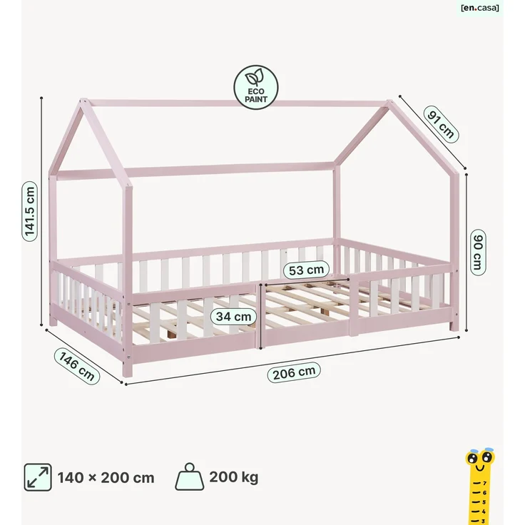 Hausbett Sisimiut mit Rausfallschutz 140x200 cm Rosa/Weiß [en. casa] – Bild 3