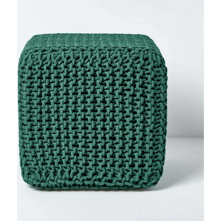 Homescapes Pouf Gestrickter Sitzwürfel 100% Baumwolle, tannengrün