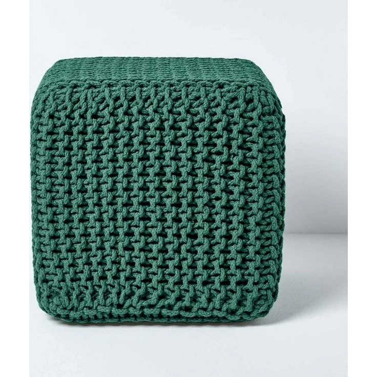 Homescapes Pouf Gestrickter Sitzwürfel 100% Baumwolle, tannengrün