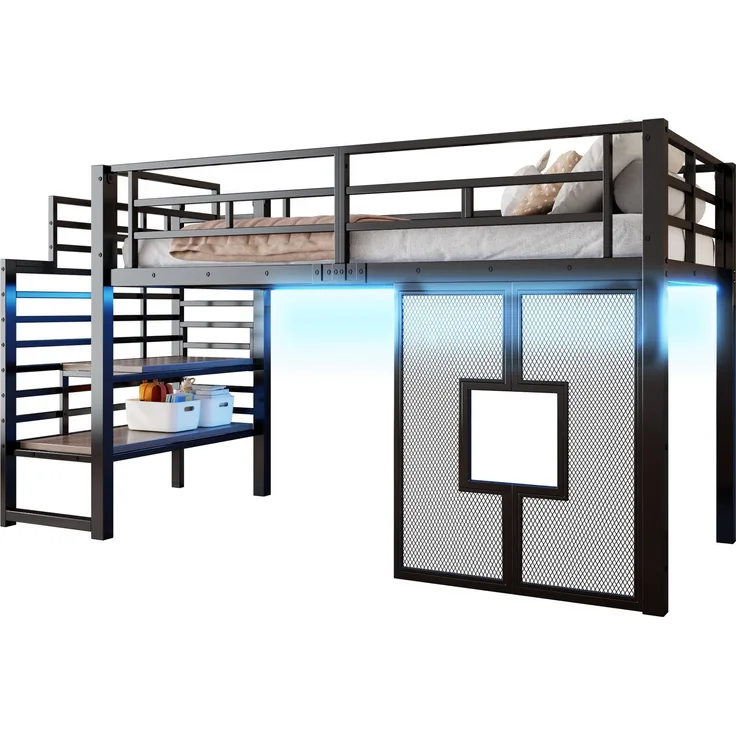 90x200 cm großes Metall-Hochbettgestell mit Treppe, Stauraum, LED-Beleuchtung und Fenstern, Schwarz