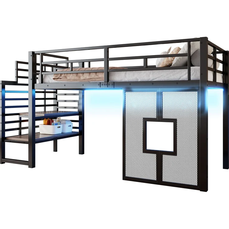 90x200 cm großes Metall-Hochbettgestell mit Treppe, Stauraum, LED-Beleuchtung und Fenstern, Schwarz – Bild 1