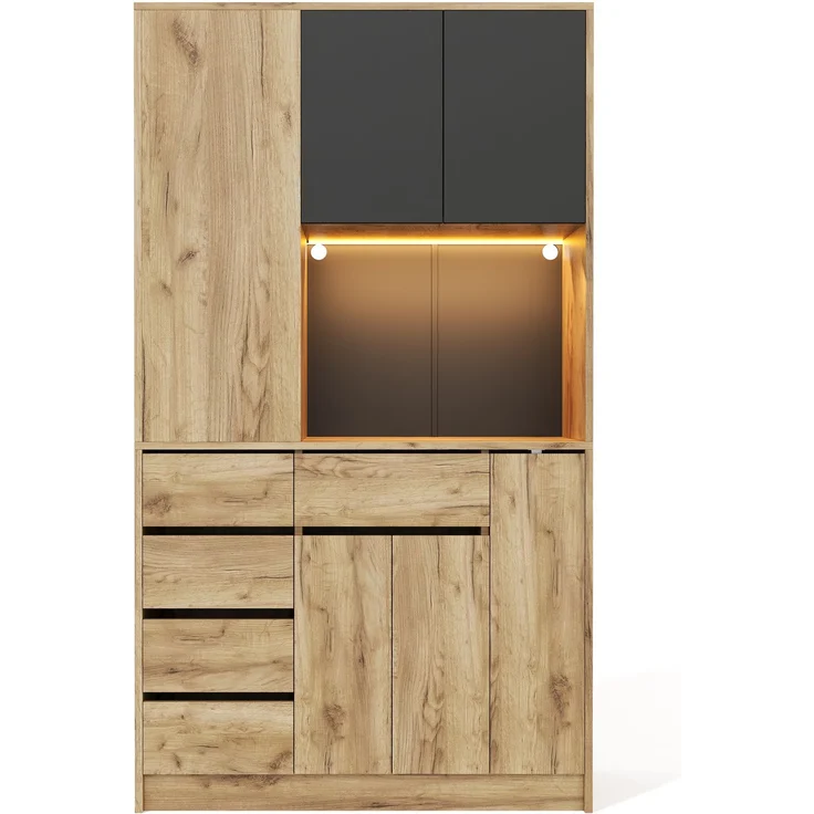 ZUBALIYA Küchenschrank 105x40x185 cm, mit LED-Beleuchtung, mit Steckdosen, mit verstellbaren Einlegeböden, aus MDF, Schwarz / Natur – Bild 14