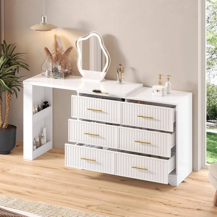 Drehbarer Schminktisch B 110 x T 40 x H 129 cm, längenverstellbar, mit LED-Spiegel und 6 Schubladen – Bild 4