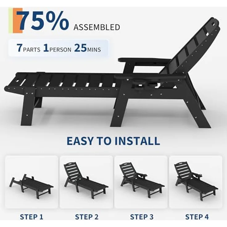 GarveeHome Wetterfeste Gartenliege Aus HDPE, Sonnenliege Mit Verstellbarer Rückenlehne Und Getränkehalter, Lange Poolliege, Für Pool, Strand Und Garten, 150x60x98cm (1 Stück) – Bild 6